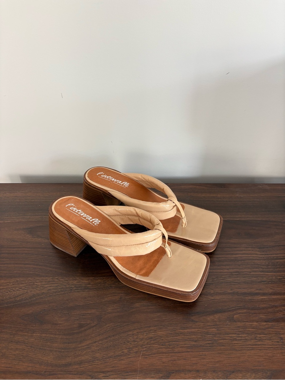 Beige platform thong mules